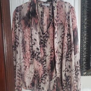Jennifer Lopez Women's Feather Print Blouse - Pink and Black . See-through